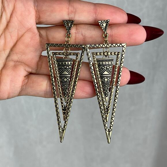 Gold Tone Tiered Triangle Cairo Dangle Earrings Black Geo Geometric Boho Jewelry - Picture 14 of 16